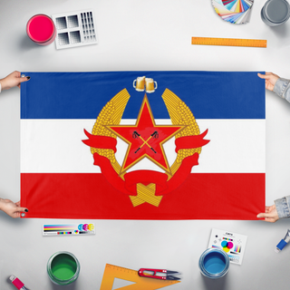 A mockup of the custom flag 'HNB flag' held up on a table during print checking