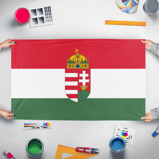 A mockup of the custom flag 'Kingdom of Hungary flag' held up on a table during print checking