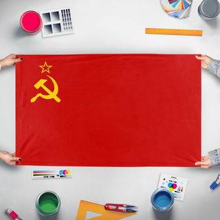 A mockup of the custom flag 'Union of Soviet Socialist Republics flag' held up on a table during print checking
