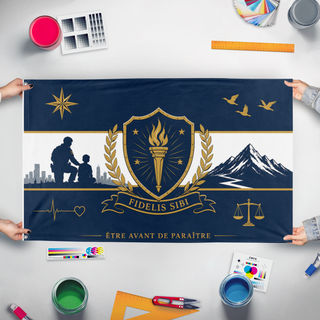 A mockup of the custom flag 'myself flag' held up on a table during print checking