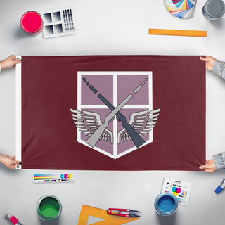 A mockup of the custom flag 'Yeagerist flag' held up on a table during print checking