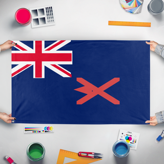 A mockup of the custom flag 'Joh flag' held up on a table during print checking