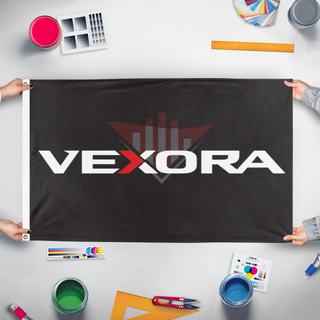 A mockup of the custom flag 'vexora flag' held up on a table during print checking