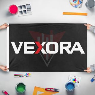 A mockup of the custom flag 'vexora2 flag' held up on a table during print checking