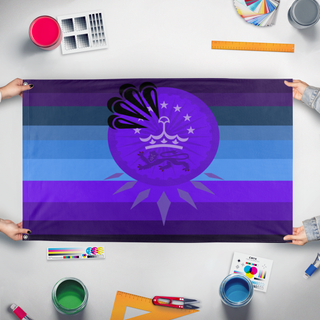 A mockup of the custom flag 'Independent Koyan Confederation flag' held up on a table during print checking