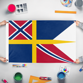 A mockup of the custom flag 'Proposed Flag For The Swedish-Norewegian Union' held up on a table during print checking