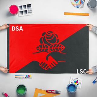 A mockup of the custom flag 'American Democratic Socialist Althistory flag' held up on a table during print checking