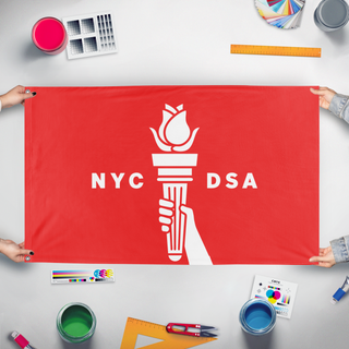 A mockup of the custom flag 'New York Democratic Socialists flag' held up on a table during print checking