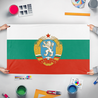 A mockup of the custom flag 'People's Republic of Bulgaria flag' held up on a table during print checking