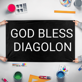 A mockup of the custom flag 'gbd flag' held up on a table during print checking