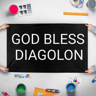 A mockup of the custom flag 'GBD flag' held up on a table during print checking