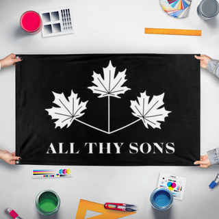 A mockup of the custom flag 'ATS flag' held up on a table during print checking