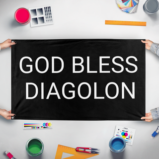 A mockup of the custom flag 'GBD flag' held up on a table during print checking