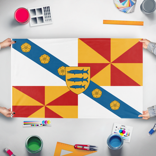 A mockup of the custom flag 'custom flag' held up on a table during print checking