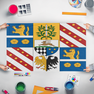A mockup of the custom flag 'custom flag' held up on a table during print checking