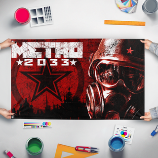 A mockup of the custom flag '2033 flag' held up on a table during print checking