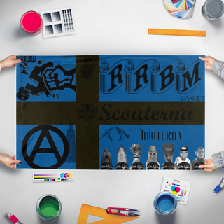 A mockup of the custom flag 'RRBM FLAG' held up on a table during print checking