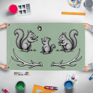 A mockup of the custom flag 'BML flag' held up on a table during print checking