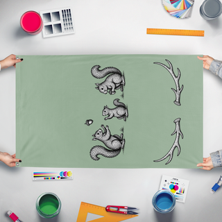 A mockup of the custom flag 'BML Banner flag' held up on a table during print checking
