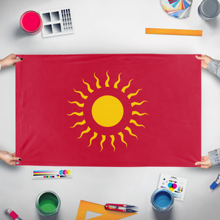 A mockup of the custom flag 'custom flag' held up on a table during print checking