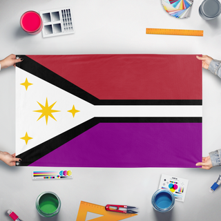 A mockup of the custom flag 'custom flag' held up on a table during print checking