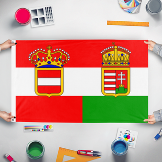 A mockup of the custom flag 'Austria Hungary flag' held up on a table during print checking