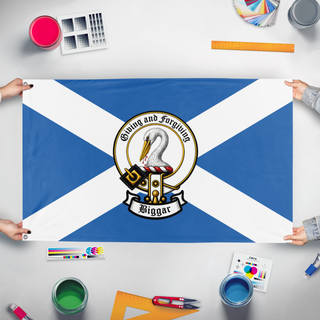 A mockup of the custom flag 'Biggar Crest flag' held up on a table during print checking