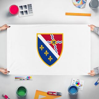 A mockup of the custom flag 'Bosnian St.louis Flag' held up on a table during print checking