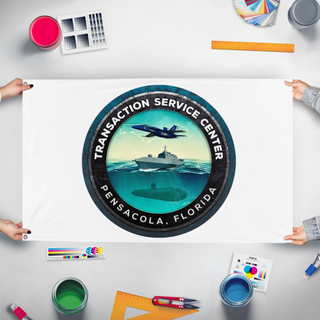 A mockup of the custom flag 'TSCPCOLA flag' held up on a table during print checking