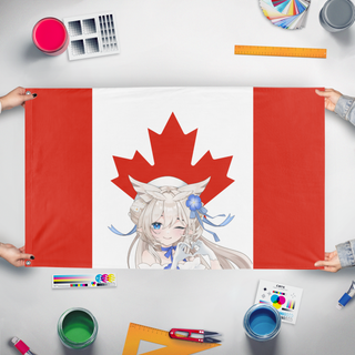 A mockup of the custom flag 'Silvi-Canadian flag' held up on a table during print checking