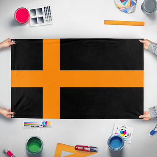 A mockup of the custom flag 'Eyoia flag' held up on a table during print checking