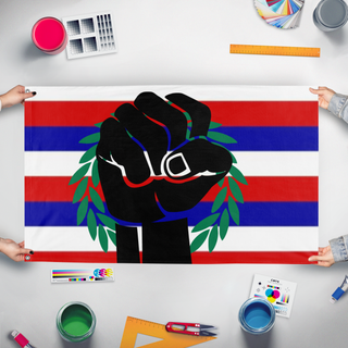 A mockup of the custom flag 'Hawaiian Independence flag' held up on a table during print checking