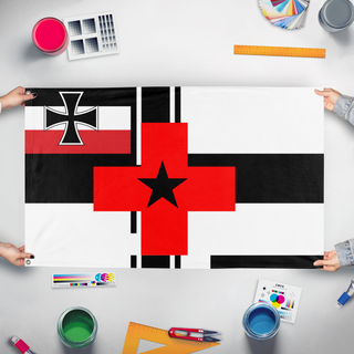A mockup of the custom flag 'plus flag' held up on a table during print checking
