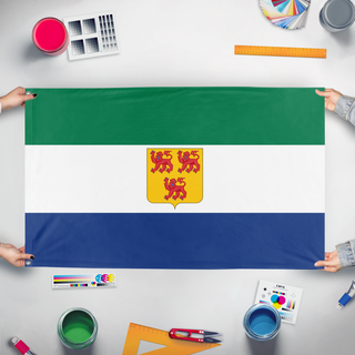A mockup of the custom flag 'Falxburg Federation flag' held up on a table during print checking