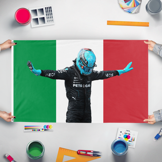 A mockup of the custom flag 'RUSSITALY flag' held up on a table during print checking