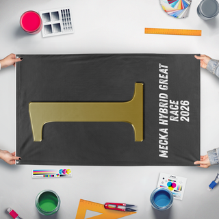 A mockup of the custom flag '1st Place flag' held up on a table during print checking