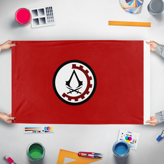 A mockup of the custom flag 'Syndicate's flag' held up on a table during print checking