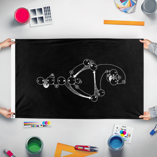 A mockup of the custom flag 'numogram flag' held up on a table during print checking