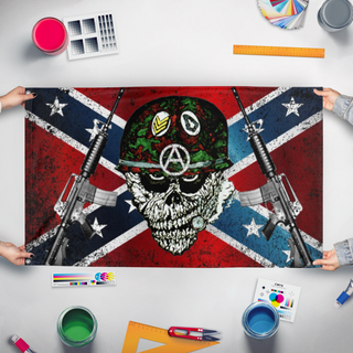 A mockup of the custom flag 'SOD flag' held up on a table during print checking