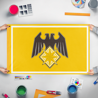 A mockup of the custom flag 'Teutonnia Eagle flag' held up on a table during print checking