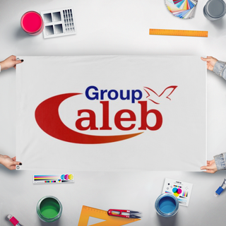 A mockup of the custom flag 'Caleb flag' held up on a table during print checking