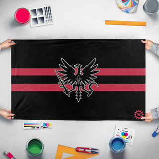 A mockup of the custom flag 'National Syndicalist Union flag' held up on a table during print checking