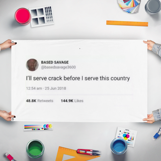 A mockup of the custom flag 'I serve my country flag' held up on a table during print checking