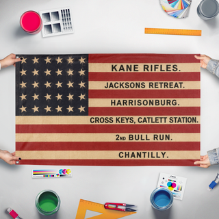 A mockup of the custom flag 'kanes rifles flag' held up on a table during print checking