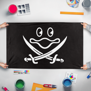 A mockup of the custom flag 'acarine flag' held up on a table during print checking