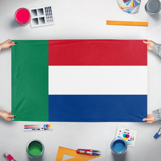 A mockup of the custom flag 'Transvaal Vierkleur flag' held up on a table during print checking
