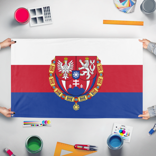 A mockup of the custom flag 'Modern Zapadoslavia flag' held up on a table during print checking