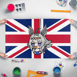 A mockup of the custom flag 'union_oguri_fat flag' held up on a table during print checking