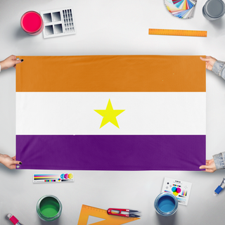 A mockup of the custom flag 'Natanelish Republic flag' held up on a table during print checking