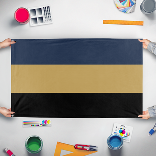 A mockup of the custom flag 'Taurisian Flag' held up on a table during print checking